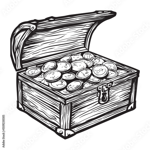 Open Treasure Chest Filled with Coins in Detailed Silhouette Vector illustration isolated white background