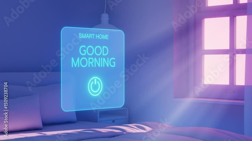 A hand touches a UI button labeled 'Good Morning' in a smart home, triggering the automatic opening of curtains using AI technology