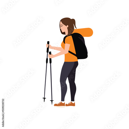 Woman hiking with backpack and trekking poles