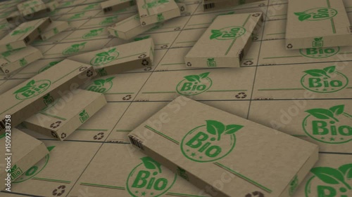 Bio organic box production line. Natural healthy food Cardboard pack factory. Abstract concept background 3d loopable seamless.