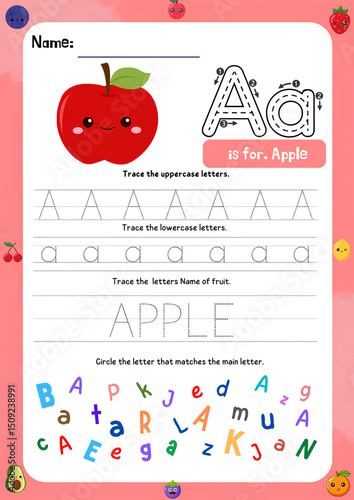 Back to school fruit themed vector design card with cute fruits and handwritten ABC letters