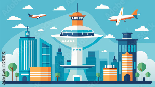 A large air hub in the center of the city filled with different types of sustainable aircrafts taking off and landing seamlessly.. Vector illustration