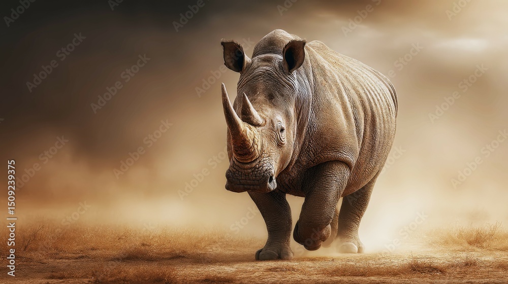 Fototapeta premium Rhinoceros walks gracefully through the golden dusty plains of Addo Elephant Park