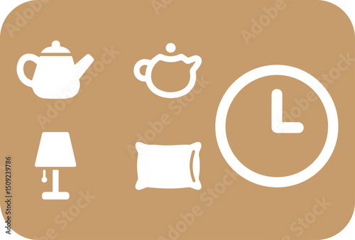 Relaxing Morning Routine Icons on Tan Background Featuring Teapots a Lamp a Pillow and a Clock Promoting Rest and Comfort