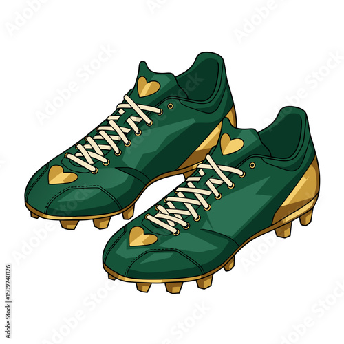 Colorful soccer cleats with heart design in green and gold  