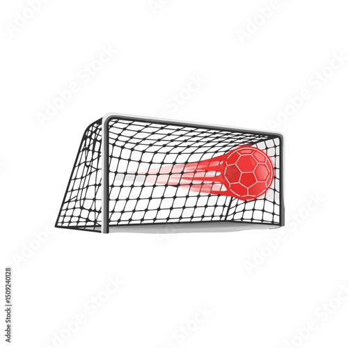 Red soccer ball entering goal net in dynamic motion  