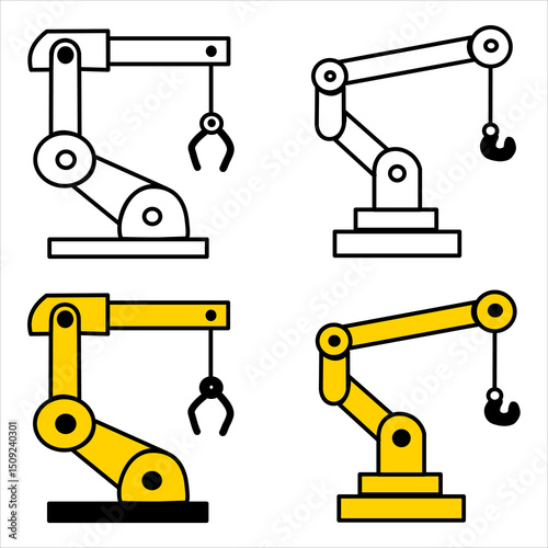 Vector icons of industrial robotic arms in outline and color, perfect for manufacturing, automation, and industry themes.