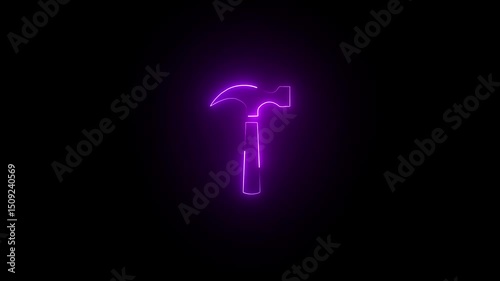 Animation with hammer neon icon glowing effect animation on black background. HD video 