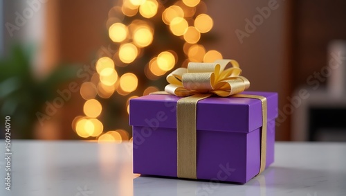 Festive purple gift with golden ribbon atop a pristine white surface
