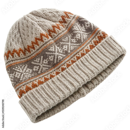 Warm Knitted Beanie Hat with Fair Isle Pattern - Isolated on White Background