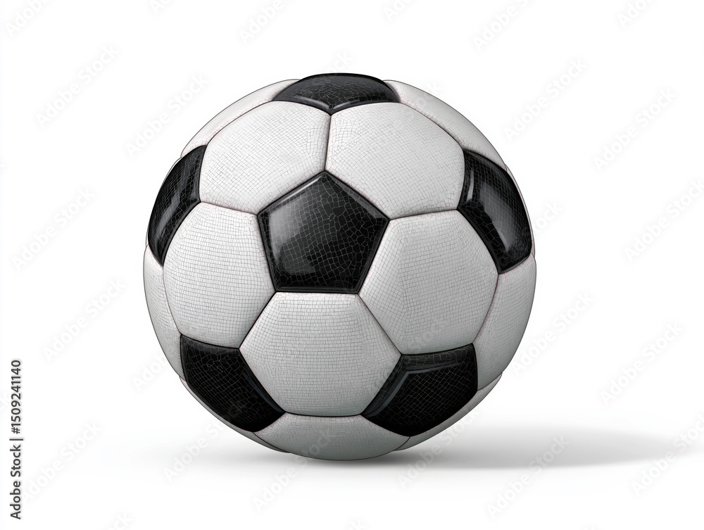 Fototapeta premium Classic black and white soccer ball with hexagonal panels, showcasing textured surface and realistic details, positioned on a clean white background for sports-themed design