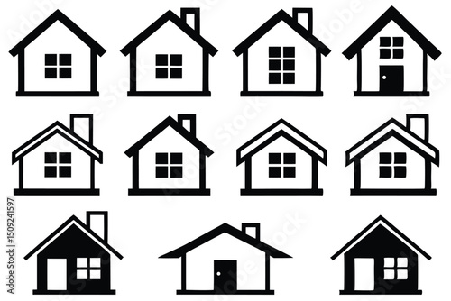 Vector illustration of simple black house icons in various shapes and styles