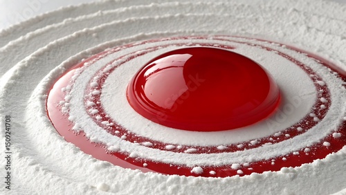 Red Sphere Jelly Dessert: A vibrant red sphere of jelly sits atop a bed of white powder, creating a minimalist yet visually striking culinary masterpiece.