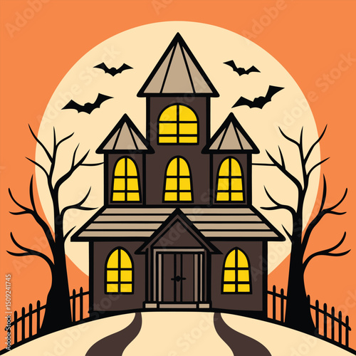 A spooky cartoon illustration of a haunted house with bats in the halloween night sky