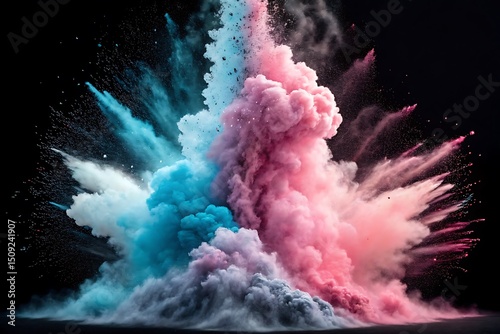 Explosion of Colors: Witness a mesmerizing explosion of vibrant, pastel-colored powder against a dark background, creating an artistic display of movement and energy.