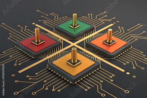Technological Quartet: A stunning composition showcasing four central processing units (CPUs) connected via intricate circuit board pathways.