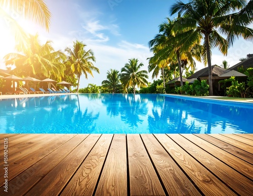 Fototapeta Naklejka Na Ścianę i Meble -  Tranquil pool scene with palm trees and wooden deck