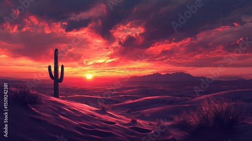 A dramatic desert landscape with a lone cactus standing tall, sand dunes stretching out into the distance, and a fiery sunset lighting up the sky 
