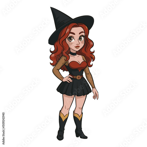 Black hat witch costume with broom and pumpkin for a magic halloween holiday