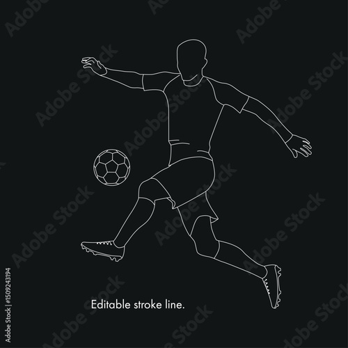 Soccer running player with ball. Vector stock one line hand drawing illustration isolated on black background for design template football championship, game. Editable stroke. 