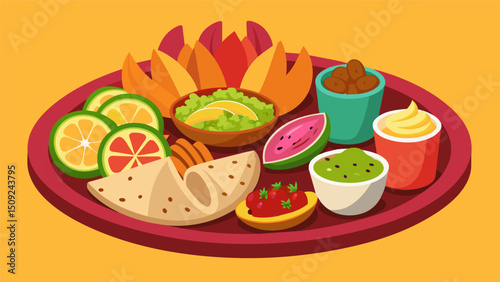 A sampler platter of authentic Mexican antojitos showcasing regional specialties like cochinita pibil and Bajastyle fish tacos.. Vector illustration