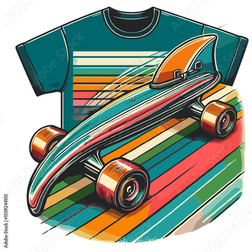Skateboard and t-shirt with retro design on colorful background  