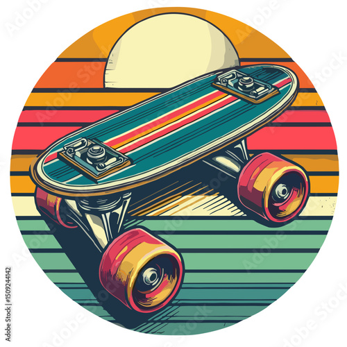 Vintage skateboard with colorful wheels against sunset background  