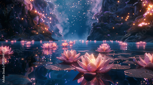 Abstract dreamlike meditation space with swirling stars, floating lotus flowers, and spiritual glow.