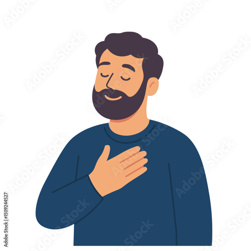 Calm man flat vector illustration. A man's hand keeping on his heart illustration
