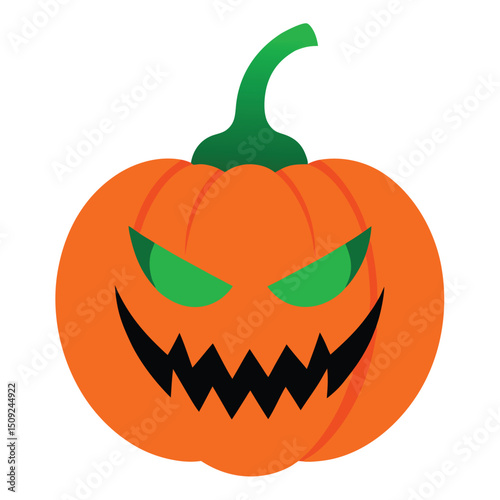 Spooky halloween pumpkin illustration with glowing green eyes and a frightening grin