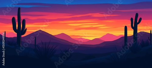 A dramatic desert sunset with silhouetted cacti and a colorful sky