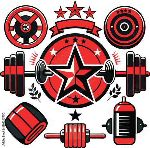 Vector illustration of gym equipment and badges in red and black fitness theme