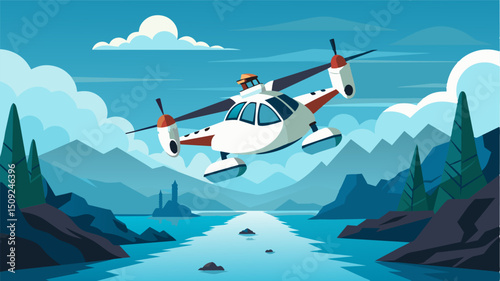 A daring pilot demonstrates their eVTOLs agility as it performs a thrilling vertical takeoff and landing over the choppy waters of a river delta.. Vector illustration