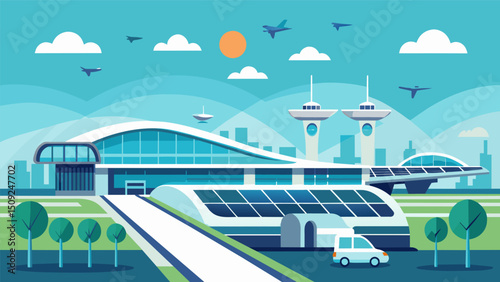 A futuristic airport is adorned with solar panelcovered roofs providing enough clean energy to power the fleet of air taxis waiting to take flight.. Vector illustration