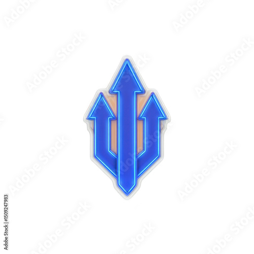 Glowing blue trident symbol with three arrows pointing upwards, set against transparent background. design is sleek and modern, conveying sense of direction and power