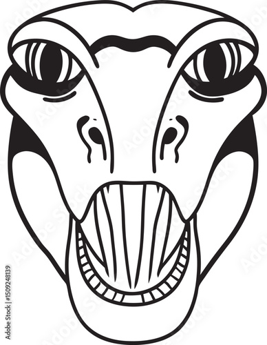 A detailed, black and white line drawing of a creature's face, possibly a dinosaur or a mythical beast.