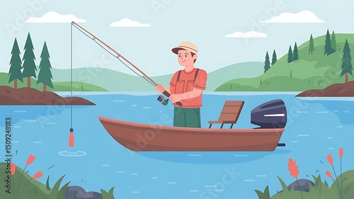 Smiling man wearing a sun hat fishes from a motorboat on a serene lake