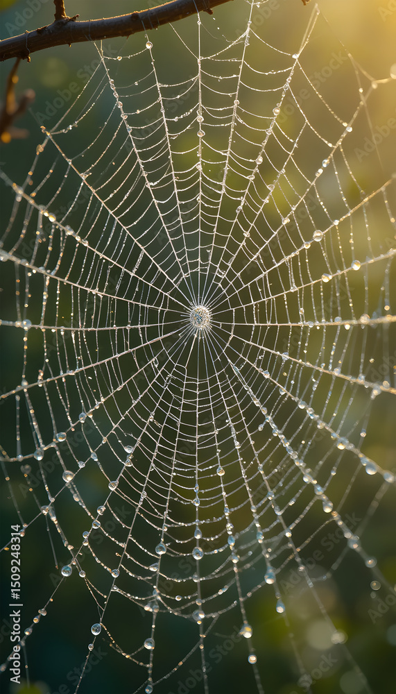 Fototapeta premium Detailed Spider Web with Dew Drops Glowing in Sunlight