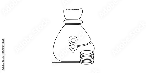 Line money one continuous finance art graph financial icon coin single. Growth one line money chart sketch cash concept hand investment business arrow vector drawing bank doodle background lineart bag
