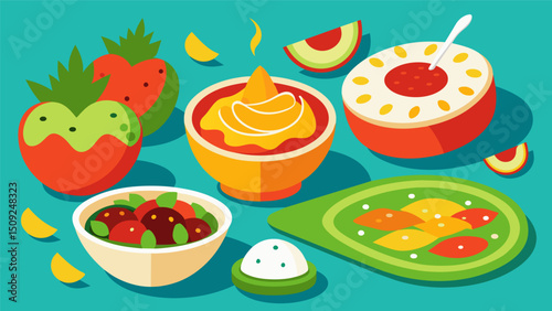 A colorful spread of toppings including tangy crema zesty salsa roja and y salsa verde ready to be drizzled over plates of chilaquiles.. Vector illustration