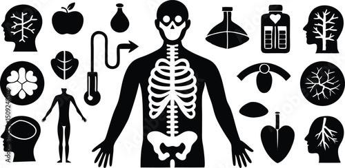 A collection of black and white medical icons, illustrating various anatomical parts, organs, and associated tools.