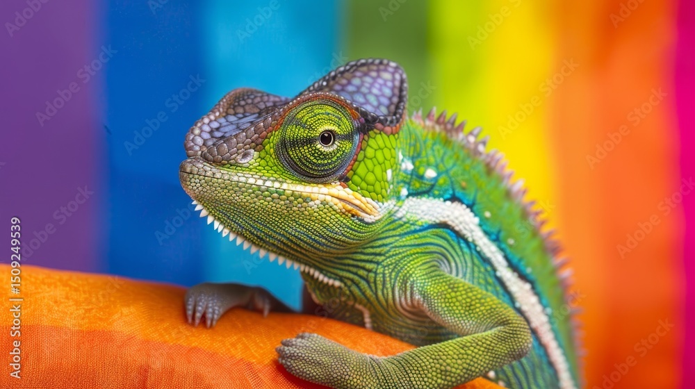 Obraz premium Chameleon camouflaging perfectly against vibrant and colorful background environment