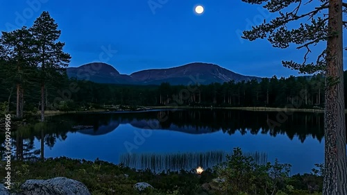 Serene lake landscape at twilight with full moon