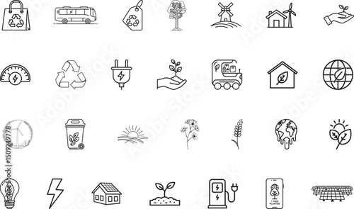 Eco Icon Set, Sustainability Poster, Environmental Campaign, Green Product Label, Recycle Infographic, Climate Awareness Guide, Renewable Energy Brochure, Organic Packaging Design – Vector Line Art