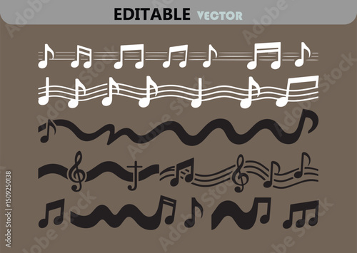 Musical Notes Vector Set with Lines and Waves in Black and White