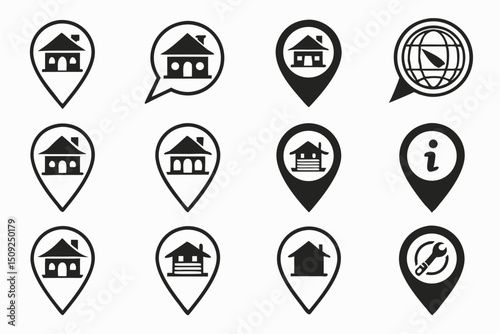 Collection of minimalist house location icons illustrating real estate or navigation concepts