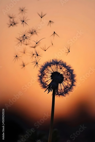 Dandelion Sunset Wish: A silhouetted dandelion seed head releases its delicate seeds into the warm hues of a setting sun.