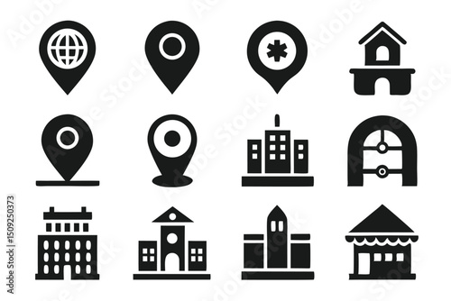 Collection of black iconography representing location buildings and healthcare related symbols