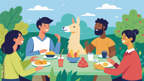 A group of friends gathered around an outdoor dining table laughing and enjoying a meal as a curious llama looks on.. Vector illustration