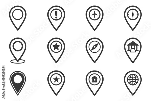 Collection of minimalist location pin icons with various symbols for maps and navigation